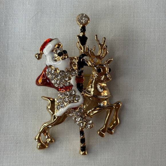 Santa on a Carousel Reindeer Brooch Pin Christmas Holiday Retro Vintage Style - Picture 3 of 6